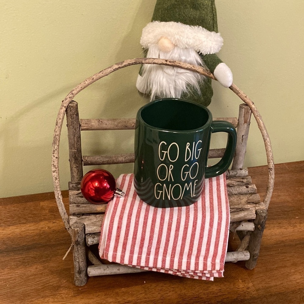 NEW Rae Dunn GO BIG OR GO GNOME Dark Green Christmas Ceramic Mug